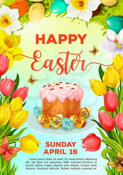 Easter Day celebration cartoon poster template. Easter cake and egg on plate, surrounded by tulip and narcissus flowers, floral wreath and butterfly. Easter holiday invitation flyer design