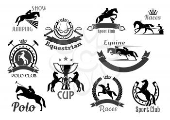 Horse races or equine sport club vector icons set. Emblems of polo game, equestrian jump show or racing contest with symbols of horseshoe, rider winner or horserace victory cup award and crown laurel 