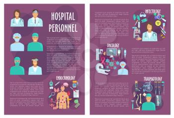 Medical personnel or hospital doctors vector posters. Endocrinology, infectology or oncology and traumatology departments and healthcare medicines of mri or x-ray, viruses and pills or treatment items