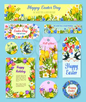 Easter egg floral tag and greeting poster set. Flower wreath frame of Easter egg and flower of tulip, lily, narcissus and snowdrop with ribbon, bow, flying swallow bird, butterfly cartoon label design