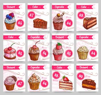 Pastry desserts price tags for bakery. Menu label tags for cupcake and strawberry cake, fruit or berry pie and chocolate brownie torte or cheesecake tart and blueberry or cherry muffin for patisserie