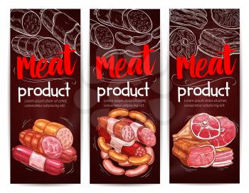 Butchery banners for meat and sausages delicatessen. Vector butcher shop products of smoked bacon and salami or pepperoni kielbasa bundle, salted pork lard or ham lump and gourmet curry wursts