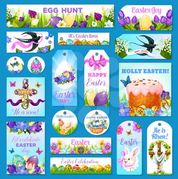 Easter greeting card set of banners and tags. Paschal design of eggs and cake, holy cross crucifix and spring flowers or willow wreath bunch and swallows. Happy Easter vector templates for religion ho