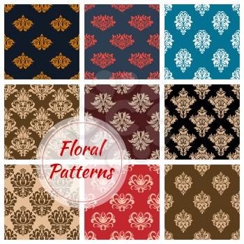 Floral ornate seamless patterns set of vector flowery or damask tracery and flourish adornment of luxury ornamental flowers. Vintage baroque motif ornaments for interior decor design tiles and backdro