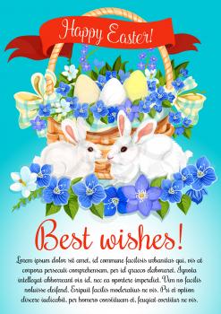 Happy Easter poster of eggs and spring flowers bunch in wicker basket. Paschal bunny for Easter hunt design, crocuses, daffodils lily and ribbon. Vector greeting card wishes template for religion holi