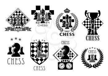 Chess club icons for chessplayer game contest or competition. Vector symbols of victory goblet cup prize on chessboard. Winner laurel and chessman pieces king and queen, rook or pawn and knight bishop