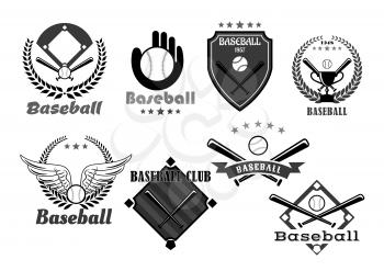Baseball icons of baseball glove and pin for sport club or championship tournament. Victory award symbols of vector winner cup goblet wings, heraldic ribbon and laurel wreath with crown and stars