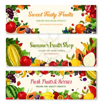 Fruits and berries banners for farmer market shop. Vector harvest of watermelon and melon, exotic papaya and avocado, strawberry and raspberry crop, apricot, apple and pomegranate ripe and grapes