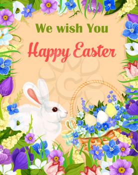 Happy Easter vector greeting card. Basket full of paschal eggs, flowers bunch and bunny. Vector floral bouquet frame of crocuses, narcissus daffodils lily and tulips. Design for Easter religion holida