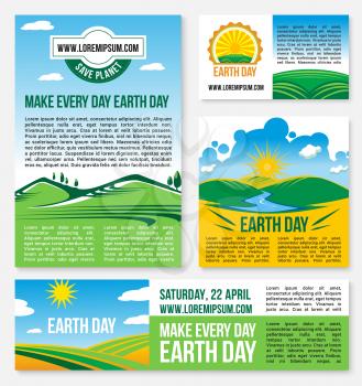 Save Planet design for Earth Day template banners or posters set. Vector design for 22 April global event on green environment protection. Nature landscape of forest trees and clean air for earth ecol