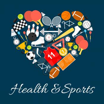 Health and sports emblem in heart shape with vector pattern elements of sport life style. Training and sport game equipment balls, rackets, footbal, ski, skate, cup, baseball. I love sport life concep