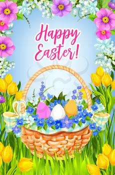Happy Easter greeting card or poster vector design. Easter paschal eggs in wicker basket on spring meadow of flower blooms bunch for Resurrection Sunday or Holy Week religion holiday