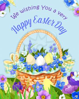 Happy Easter greeting card. Wishes poster with Easter eggs in wicker basket and springtime holiday flowers bunch of crocuses, daffodils and tulips for Holy Week religion spring celebration paschal des