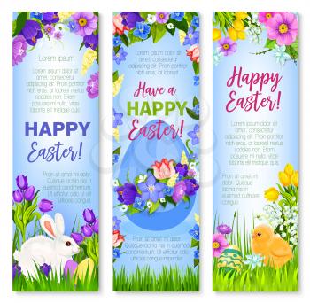 Easter banners with eggs, bunny and chick for paschal hunt greetings. Spring flowers bunch wreath of crocuses, daffodils, narcissus and lily tulips. Happy Easter vector design for Holy Sunday religion