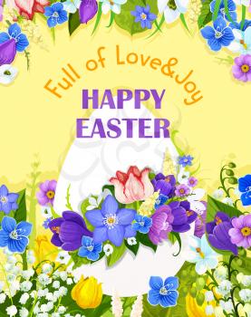 Happy Easter holiday greeting card design of paschal eggs in floral bow ribbon. Vector spring flowers bunch of crocuses, daffodils and tulips for Easter springtime or Holy Week religion celebration