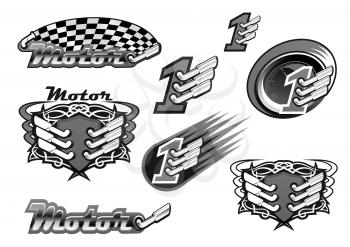 Car racing or motor sport speed races vector icons set of engine and checkered rally flag and number one championship winner or tournament victory symbol. Isolated ornate emblems of turbo exhaust pipe