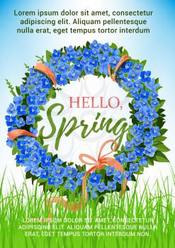 Hello Spring blue crocus flowers wreath design. Floral bow and pink springtime ribbon on green springtime meadow. Vector design of floral bunch bouquet for spring holiday greeting card or poster