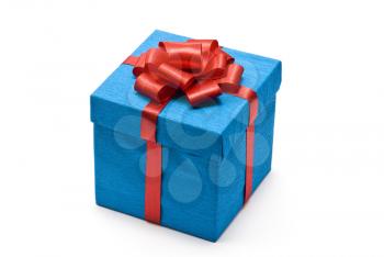 Blue gift box with red bow 