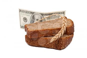 Royalty Free Photo of Pieces of Bread and a Dollar Bill