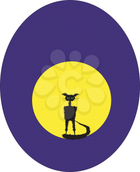 Royalty Free Clipart Image of a Black Cat and a Yellow Moon in a Purple Oval