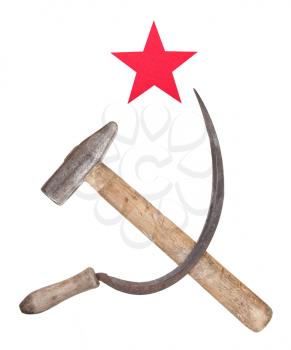 Soviet symbols of the hammer and sickle with a red star
