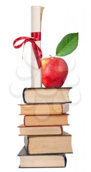 Diploma with red ribbon,books and apple
