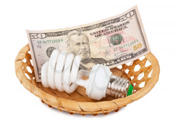 Energy saving lamp and money in basket