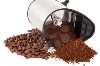 Electric coffee grinder with ground coffee