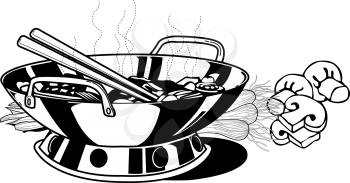 Royalty Free Clipart Image of a Wok and Mushrooms