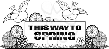 Royalty Free Clipart Image of a Spring Banner With Birds and Flowers