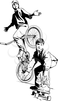 Royalty Free Clipart Image of a Skateboarder and Stunt Cyclist