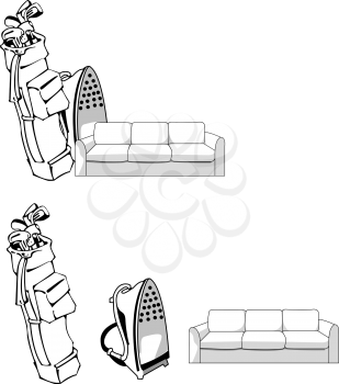 Royalty Free Clipart Image of Golf Bags, Couches and Irons