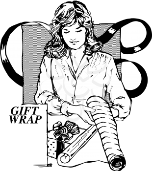 Royalty Free Clipart Image of a Woman Wrapping Gifts