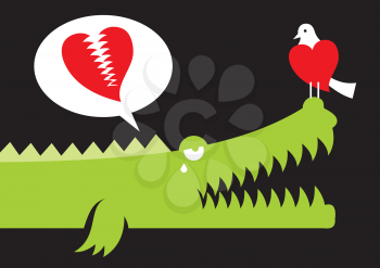 Royalty Free Clipart Image of an Alligator With a Broken Heart and a Bird