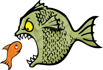 Royalty Free Clipart Image of a Big Fish Yelling at a Little Fish