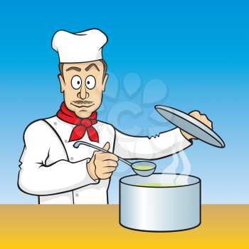 Royalty Free Clipart Image of a Chef With a Spoon and a Pot