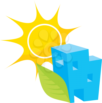 Royalty Free Clipart Image of a Home, Leaf and Sun