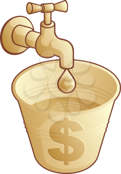 Royalty Free Clipart Image of a Gold Bucket Catching Dripping Money