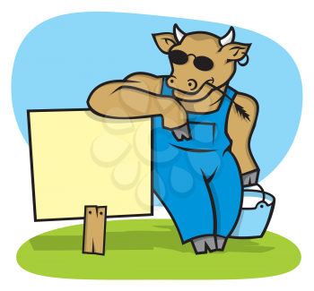 Royalty Free Clipart Image of a Cow With Milk at a Sign
