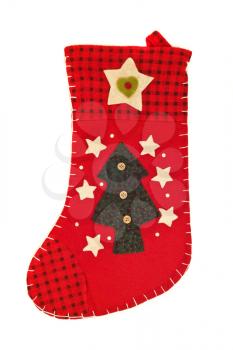Christmas is coming - Red stocking for gifts, isolated over white