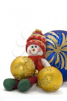 Cute Christmas toy with three colorful New Year Balls over white background