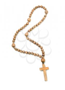 Top view of Wooden rosary beads over white