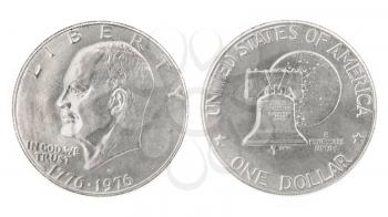 United States money. One dollar coin. Obverse and reverse isolated over white