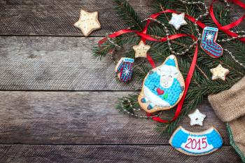 New Year 2015 sheep cookie and decoration on wood in rustic style. Free space for text