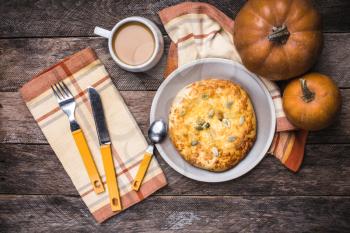 Coffee with flatbread and pumpkins in rustic style. Breakfast and lunch Food photo
