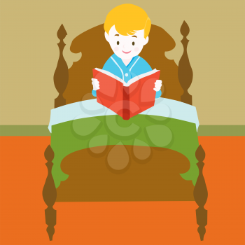 Royalty Free Clipart Image of a Little Boy Reading a Book in Bed