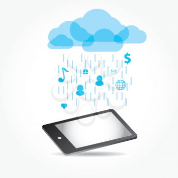 Royalty Free Clipart Image of a Tablet With Clouds, Rain and Icons Falling