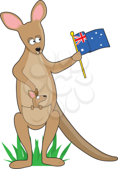 Royalty Free Clipart Image of a Kangaroo and Joey With an Australian Flag