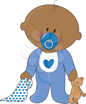 Royalty Free Clipart Image of a Baby Boy With a Soother Blanket and Teddy Bear