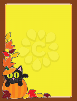 Royalty Free Clipart Image of a Halloween Border With a Cat Pumpkin and Leaves